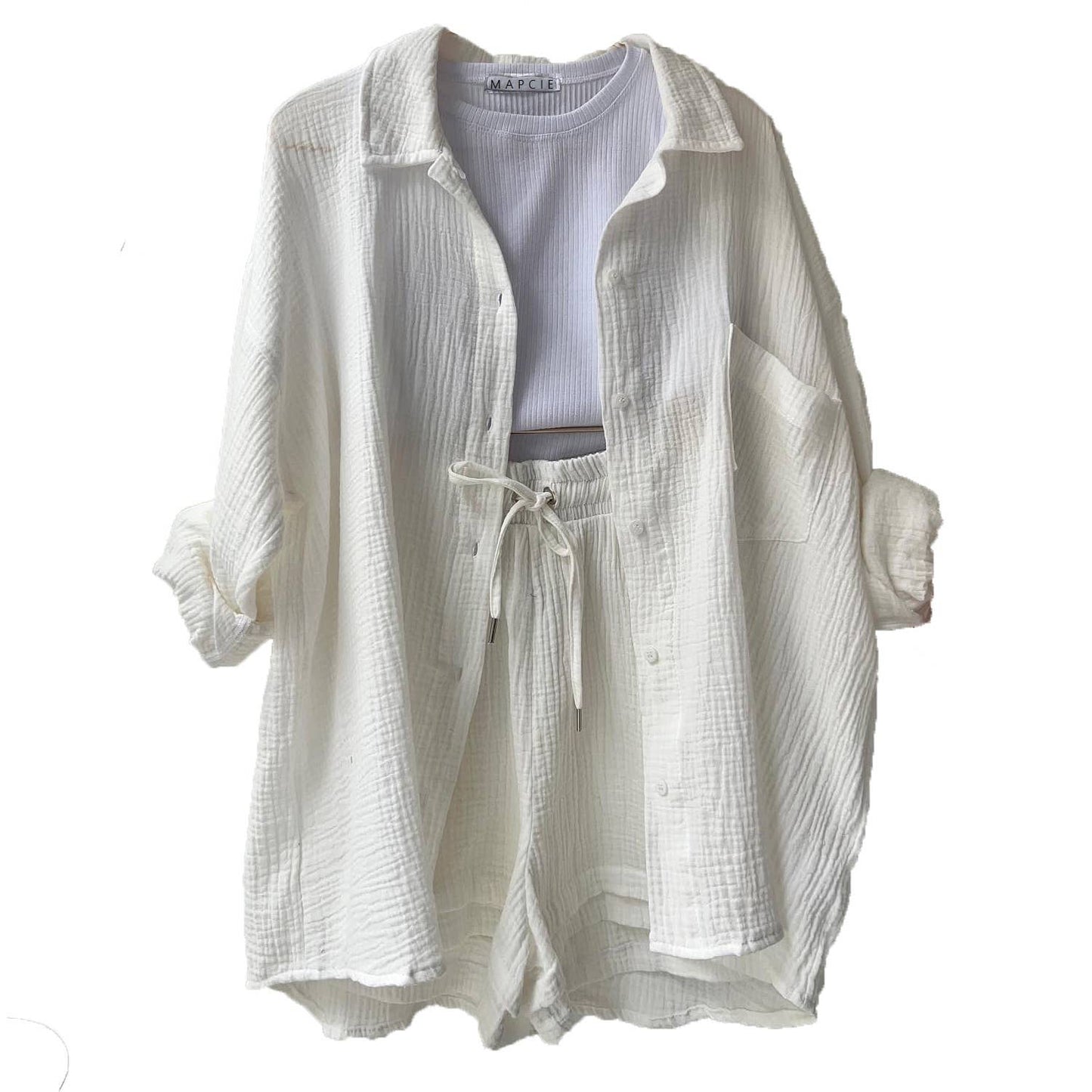 Long Sleeve Button Down Short Set (Khaki, Off White, Black)