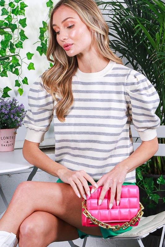 Crew Neck Puff Short Sleeve Stripe Sweater Top (Gray/white & Royal Blue)