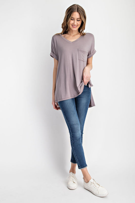 Rae Mode V-Neck Basic High Low Hem Top (Latte, Coal Black & Vintage Denim)