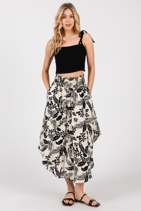 Midi Skirt with Smocked Waistband & Round Hem