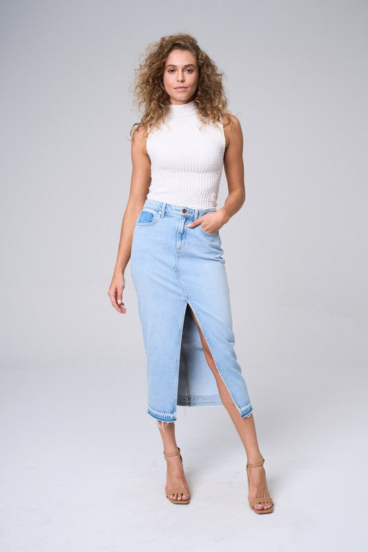 Maxi Skirt W/front Slit & Frayed Hem In Light