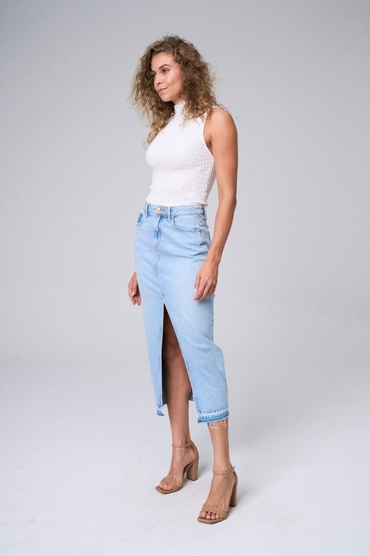 Maxi Skirt W/front Slit & Frayed Hem In Light