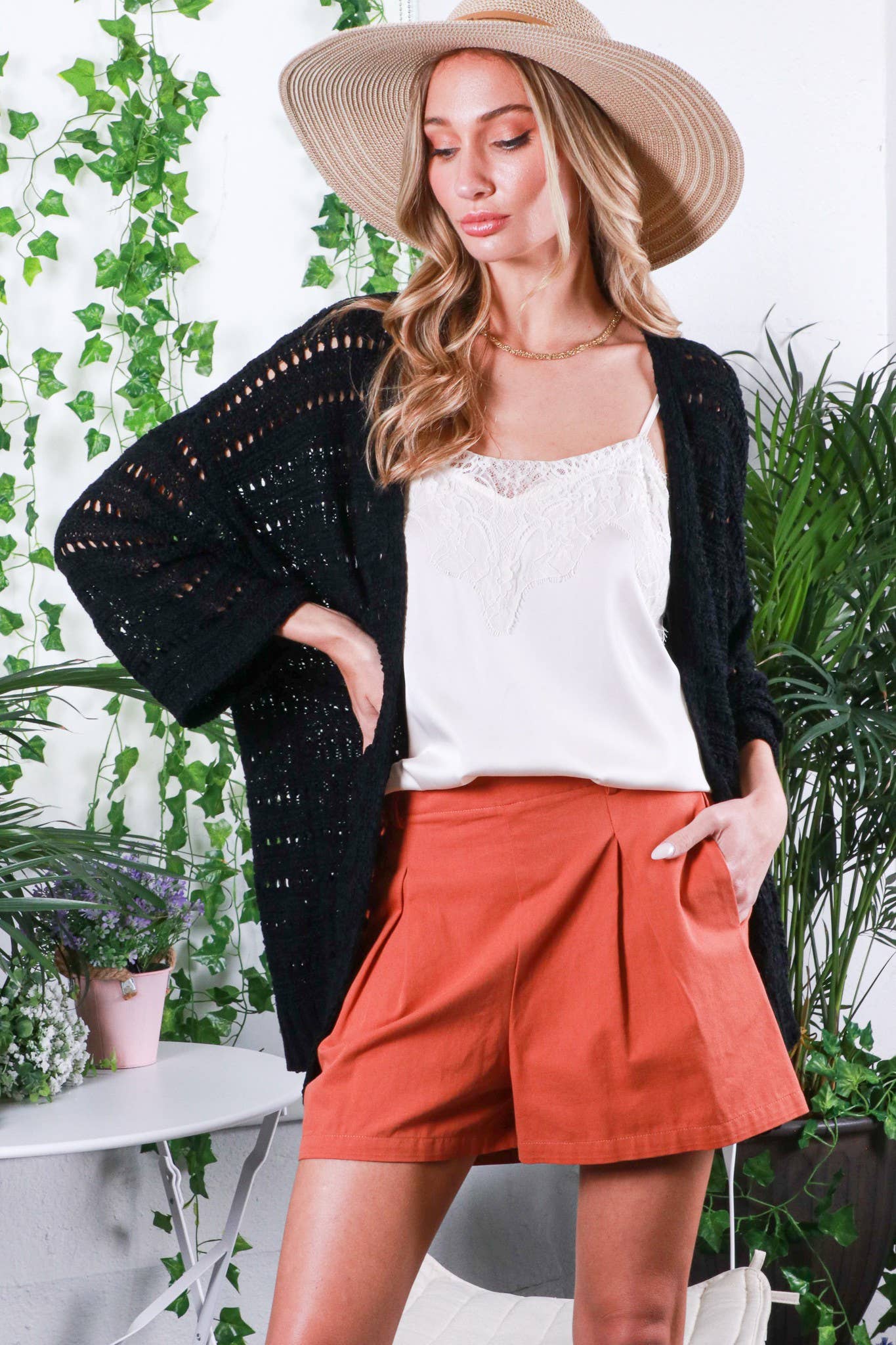 Drop Shoulder 3/4 Sleeve Crochet Cardigan