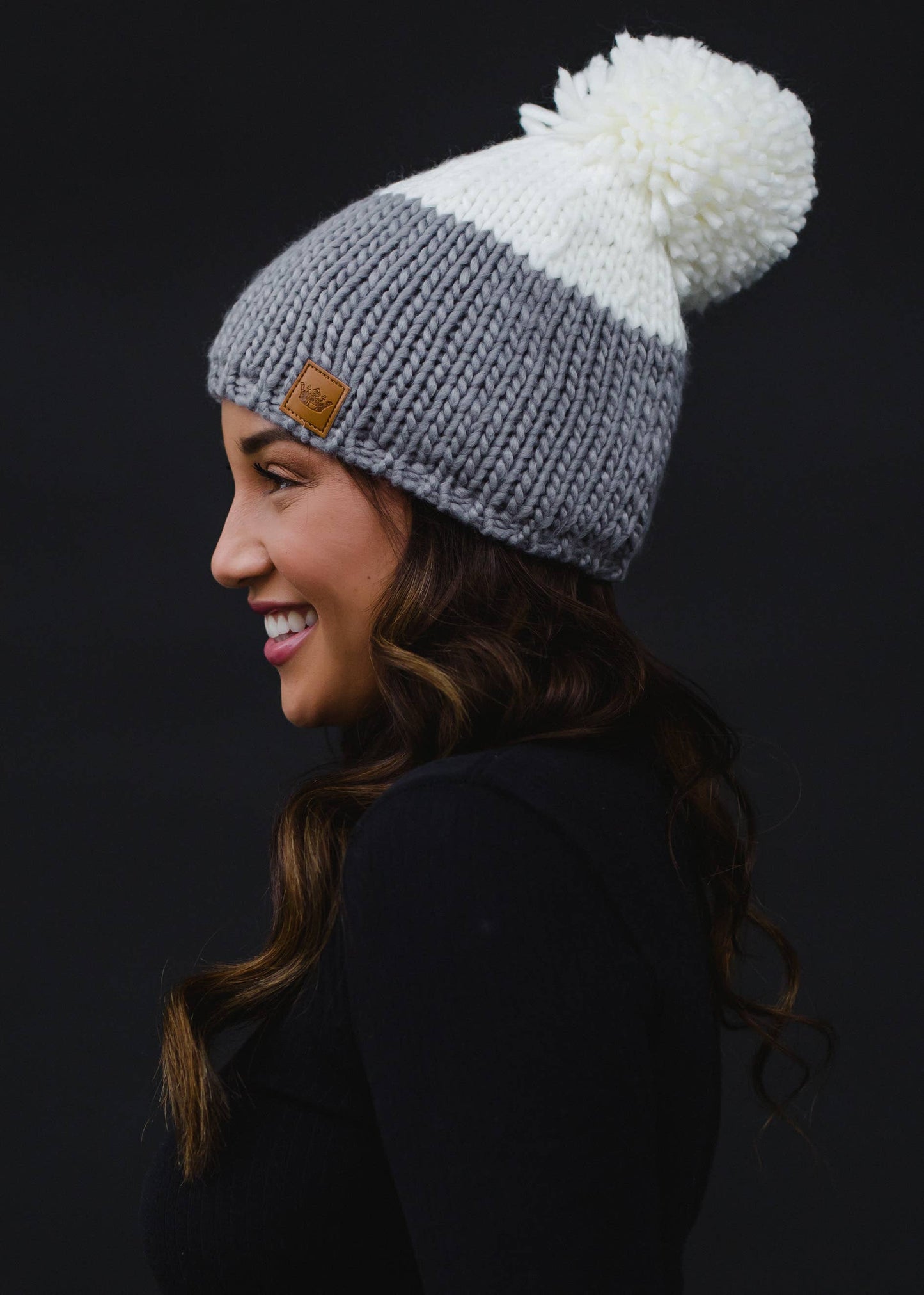 Grey/Off White Color Block Pom Hat