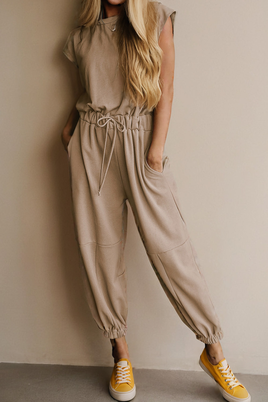 Cap Sleeve Open Back Drawstring Jogger Jumpsuit