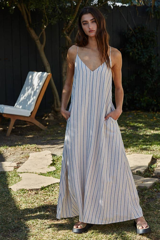 Striped Back Neck Strap V-Neck Sleeveless Maxi