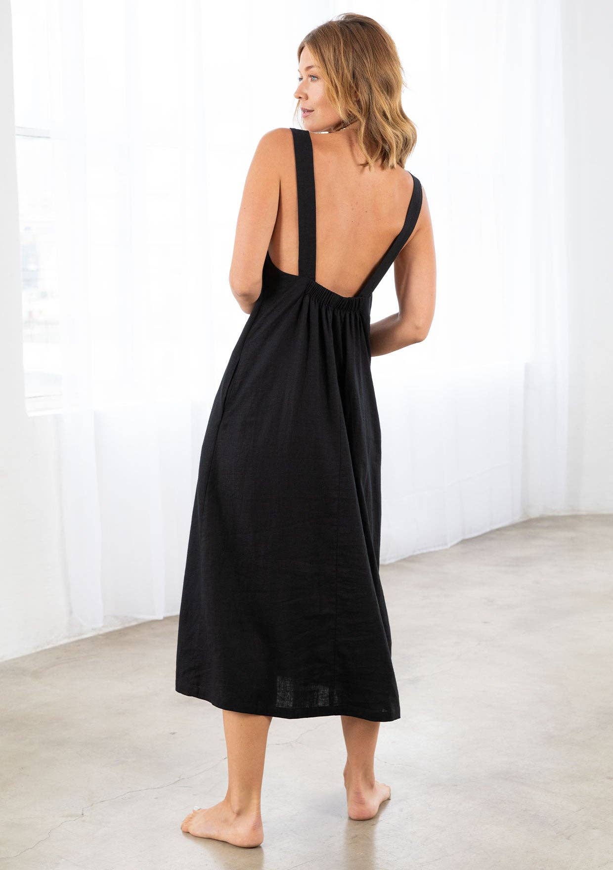 Linen Blend Sleeveless Open Back Midi Dress (Black & Wheat)