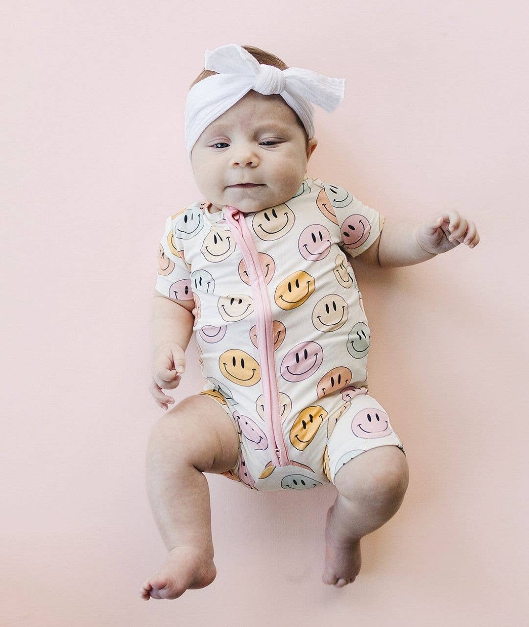 Smiley Bamboo Short Romper | Pink