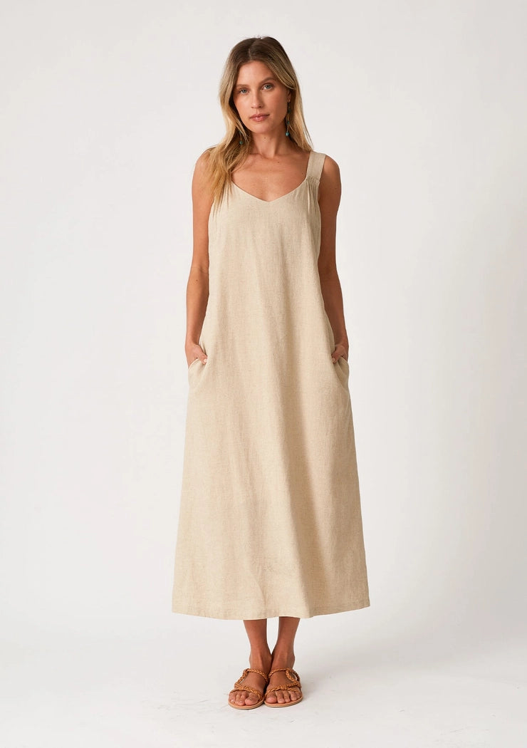 Linen Blend Sleeveless Open Back Midi Dress (Black & Wheat)