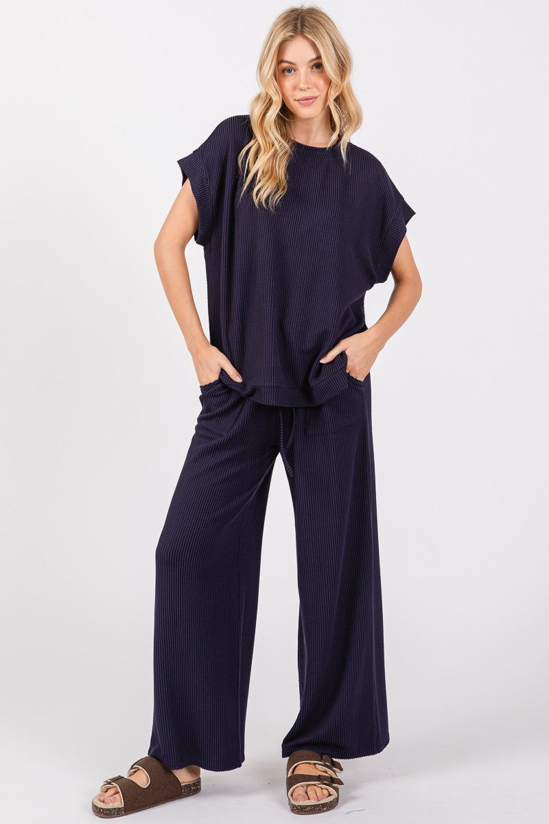 Ribbed Round Neck Top & Pants Set