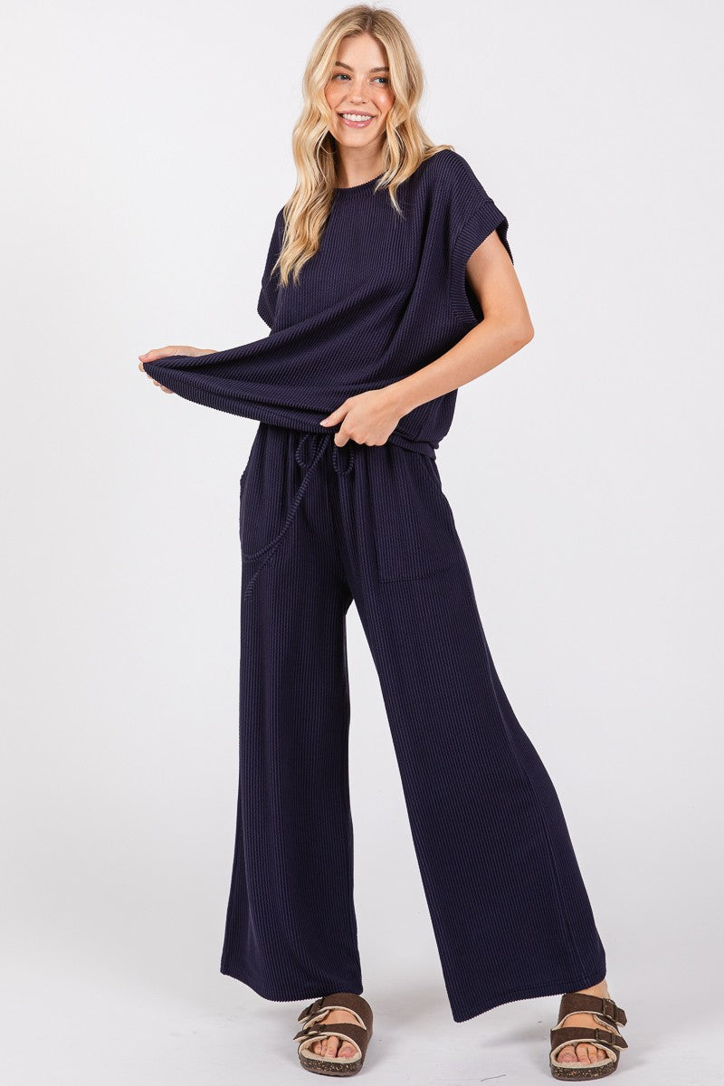 Ribbed Round Neck Top & Pants Set
