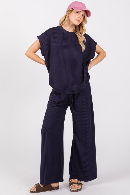 Ribbed Round Neck Top & Pants Set