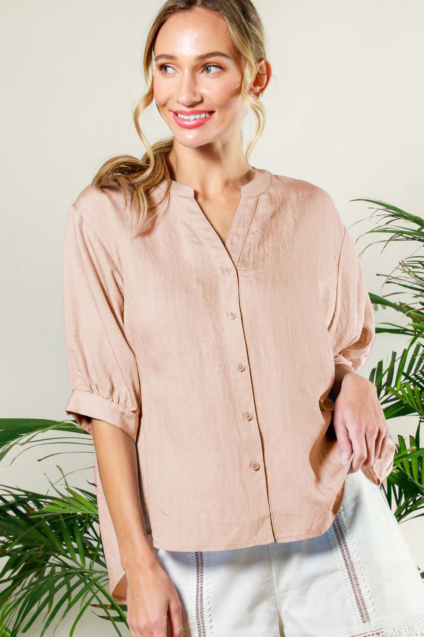 Short Puff Sleeve Back Button Detail Shirt  (White / Taupe)