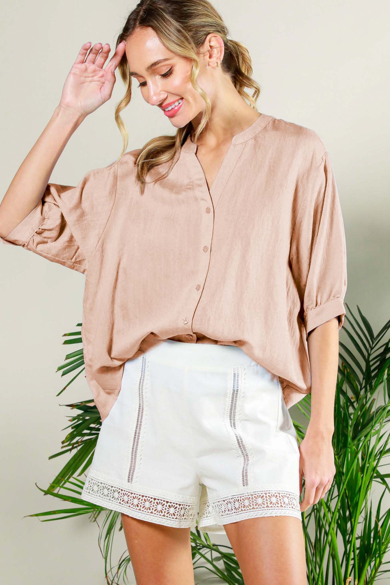 Short Puff Sleeve Back Button Detail Shirt  (White / Taupe)