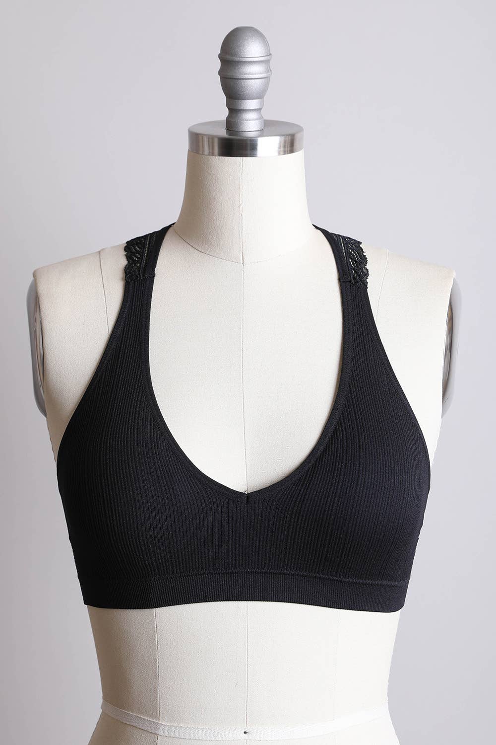 Seamless Front Lace Racerback Bralette - Black, Beige, Blue Gray