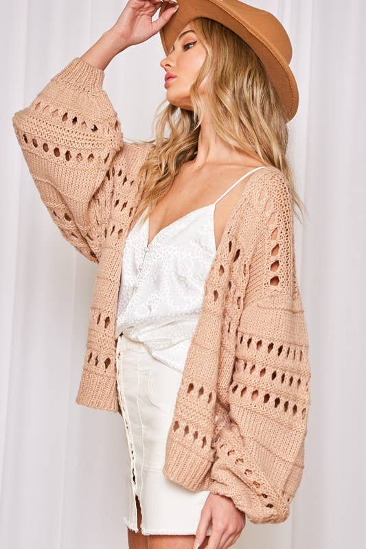 Open knit balloon sleeves sweater cardigan (Natural / Taupe)
