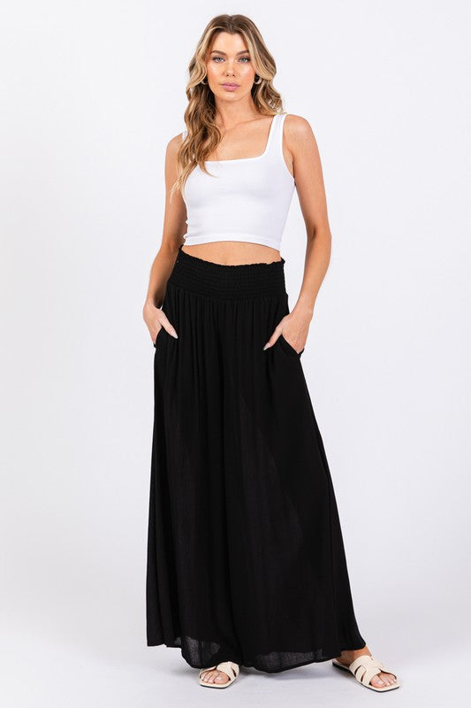Smocked Waist Wide Leg Pants (Black / Olive)