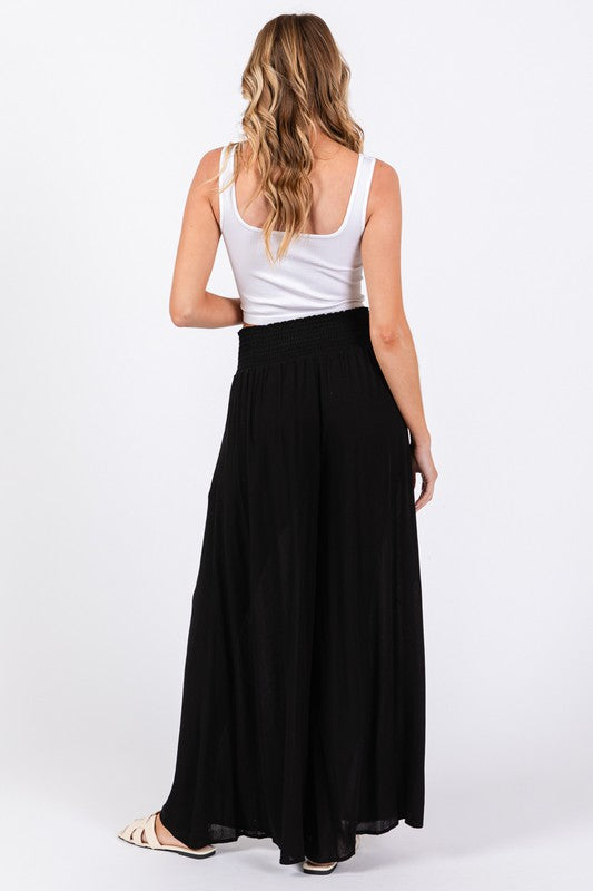 Smocked Waist Wide Leg Pants (Black / Olive)