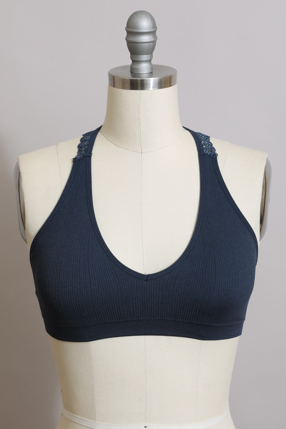 Seamless Front Lace Racerback Bralette - Black, Beige, Blue Gray