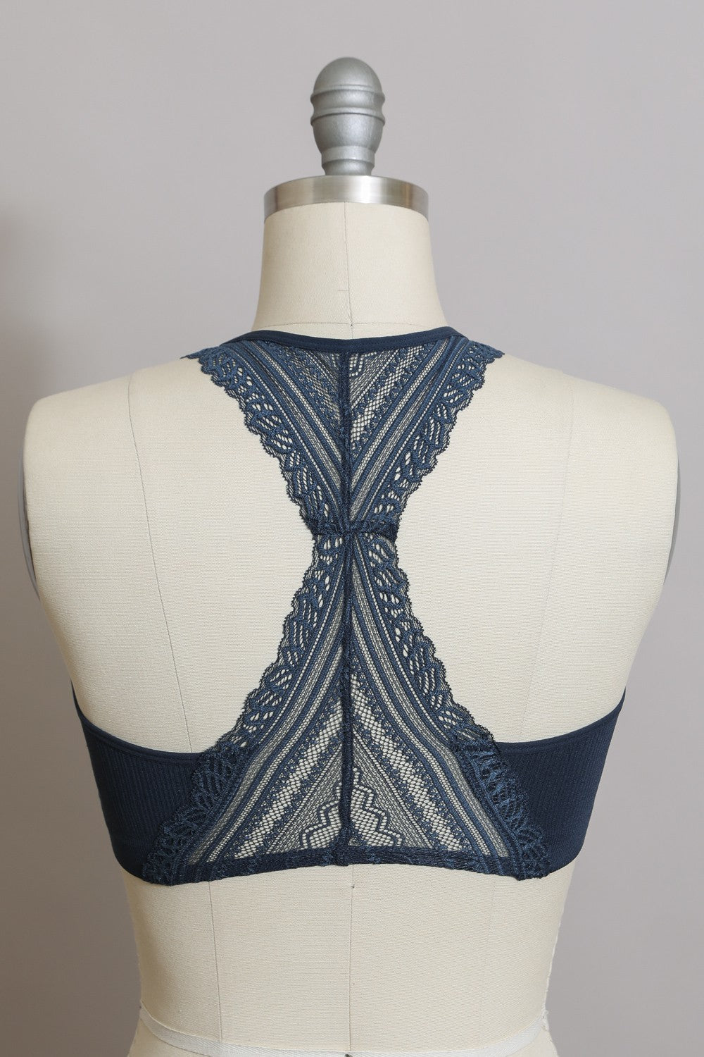 Seamless Front Lace Racerback Bralette - Black, Beige, Blue Gray