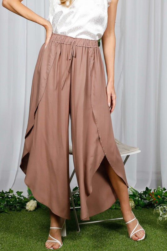 High Waist Side Slit Pants (Black / Mocha)