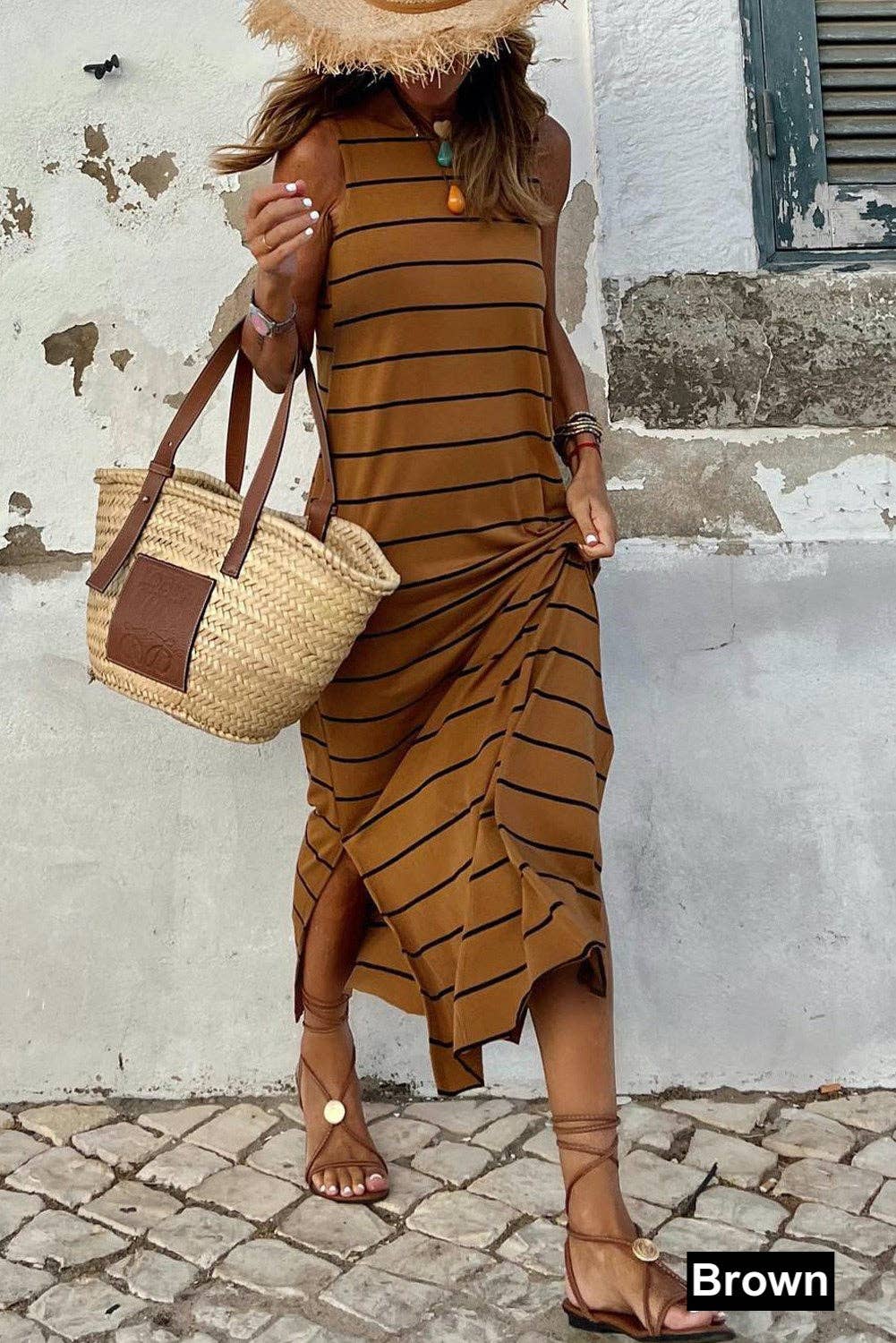 Sleeveless Striped Maxi Dress (Brown & Black)