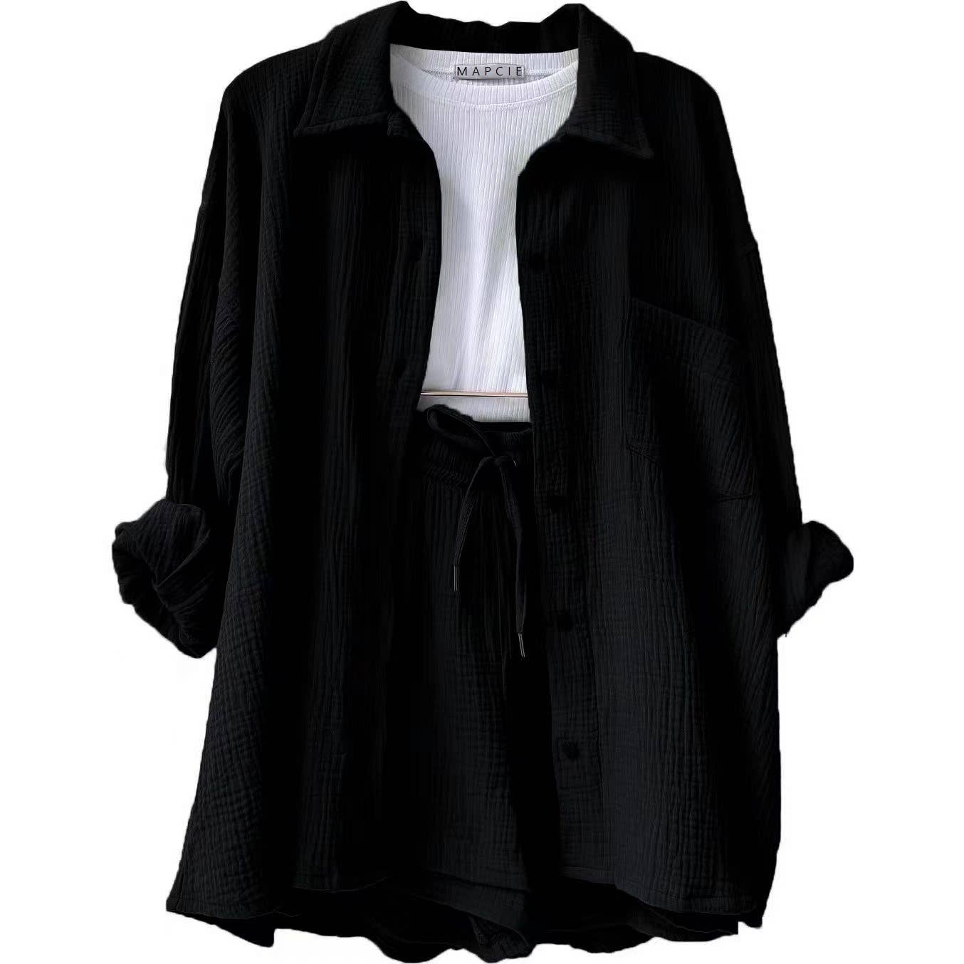 Long Sleeve Button Down Short Set (Khaki, Off White, Black)