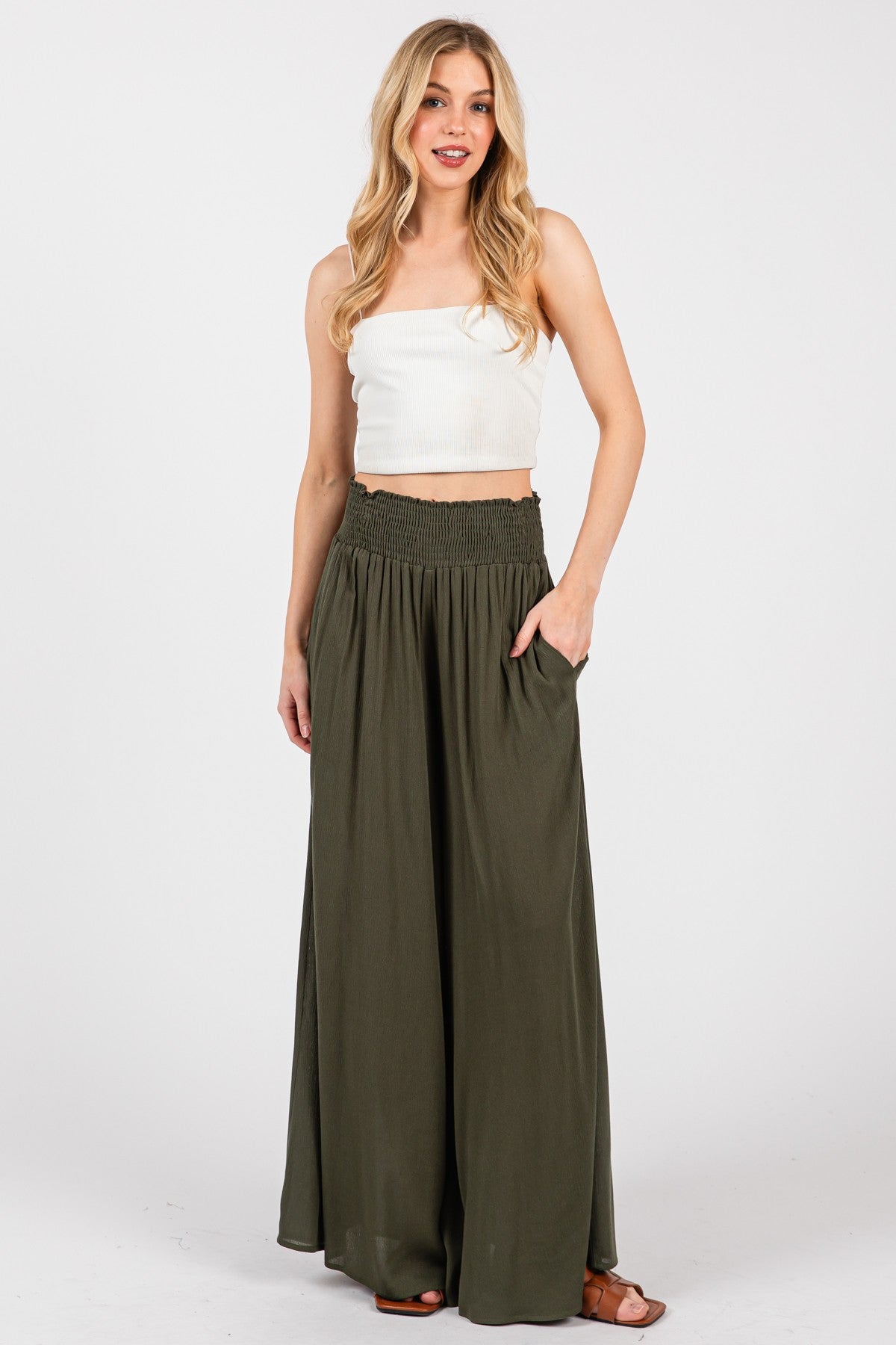 Smocked Waist Wide Leg Pants (Black / Olive)