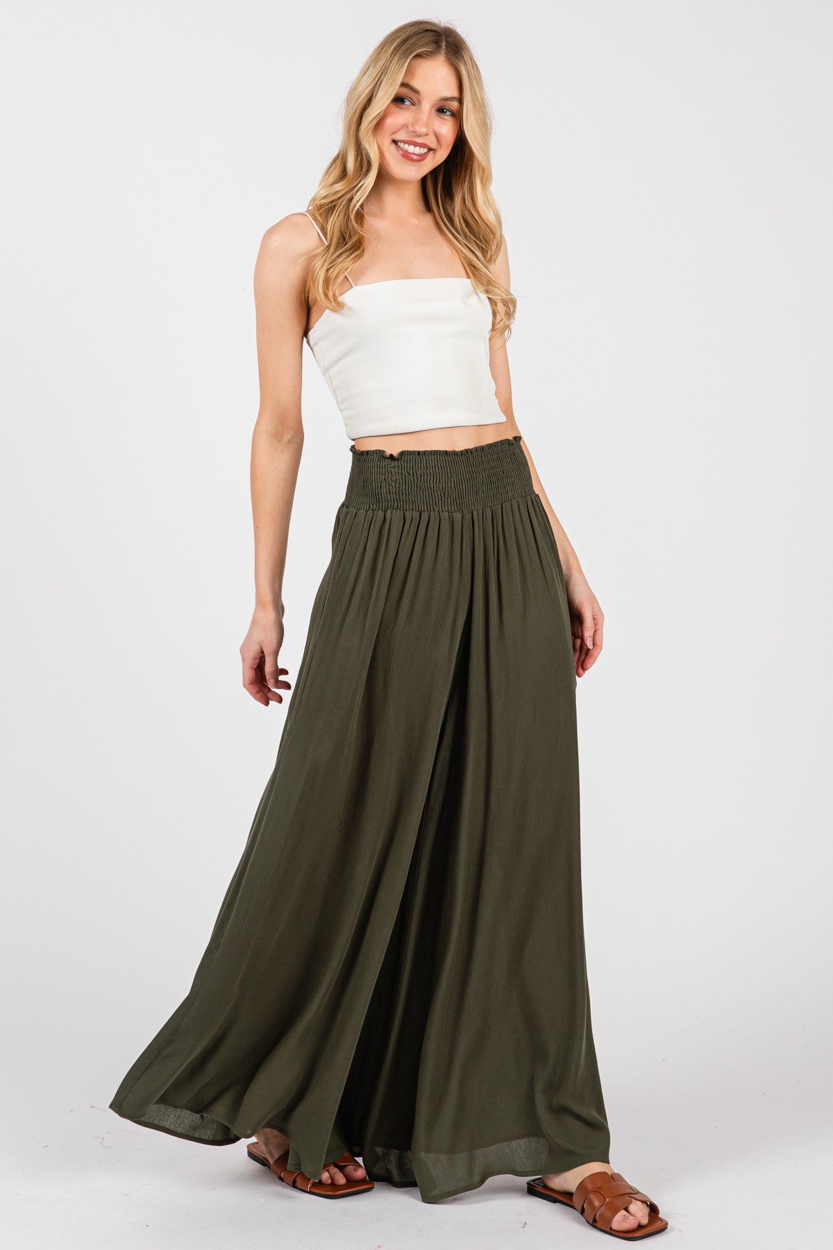 Smocked Waist Wide Leg Pants (Black / Olive)