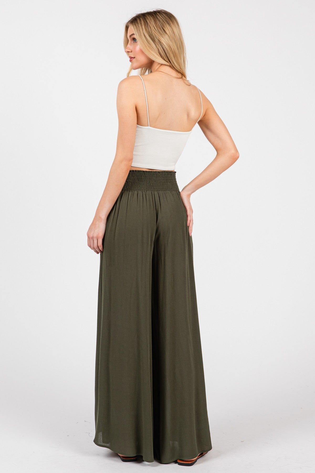Smocked Waist Wide Leg Pants (Black / Olive)