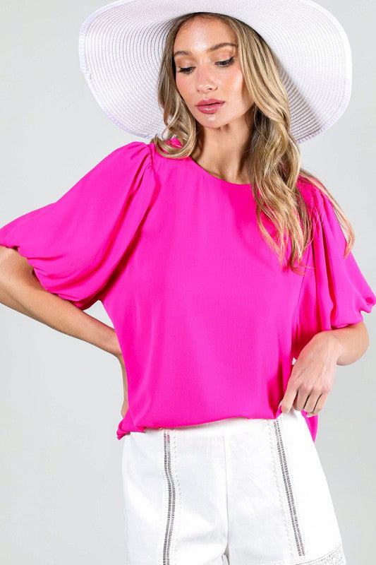 Round Neck Short Bubble Sleeve Woven Top (Black / Pink)