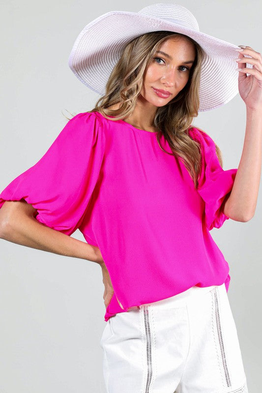 Round Neck Short Bubble Sleeve Woven Top (Black / Pink)