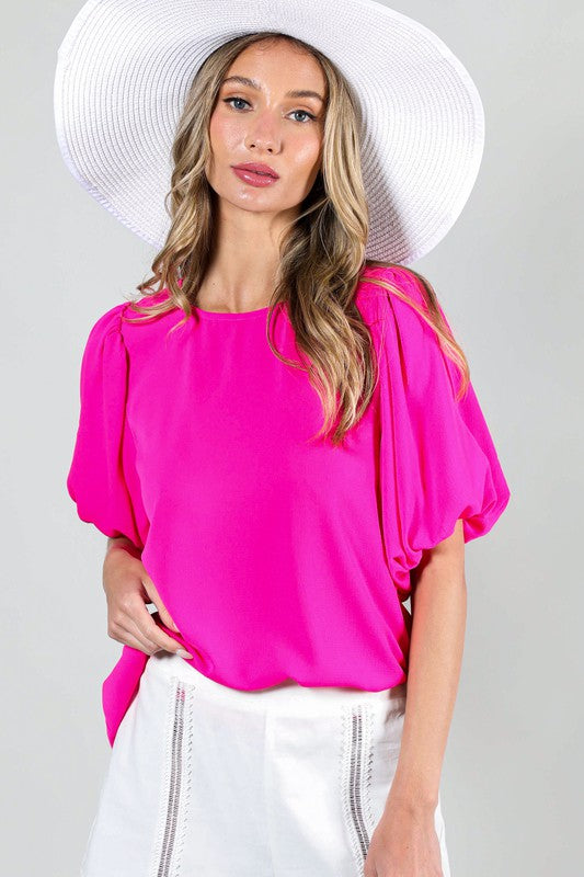 Round Neck Short Bubble Sleeve Woven Top (Black / Pink)