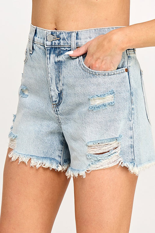 High Rise Tomboy Shorts With Distressing In Light