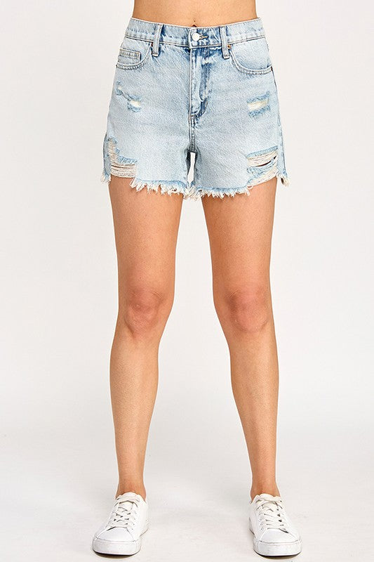 High Rise Tomboy Shorts With Distressing In Light