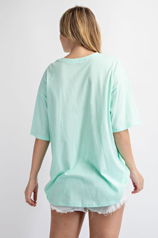 Rae Mode Washed Cotton Round Neckline Top (Tiffany Blue & White)