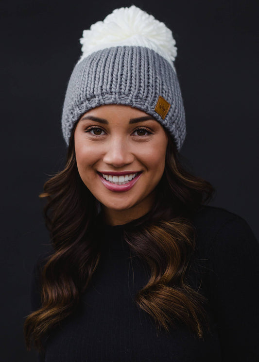 Grey/Off White Color Block Pom Hat